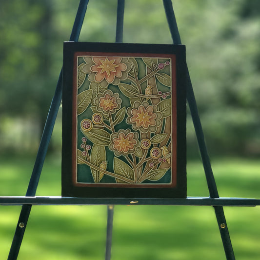 Green with Orange Flowers Relief Art Frame