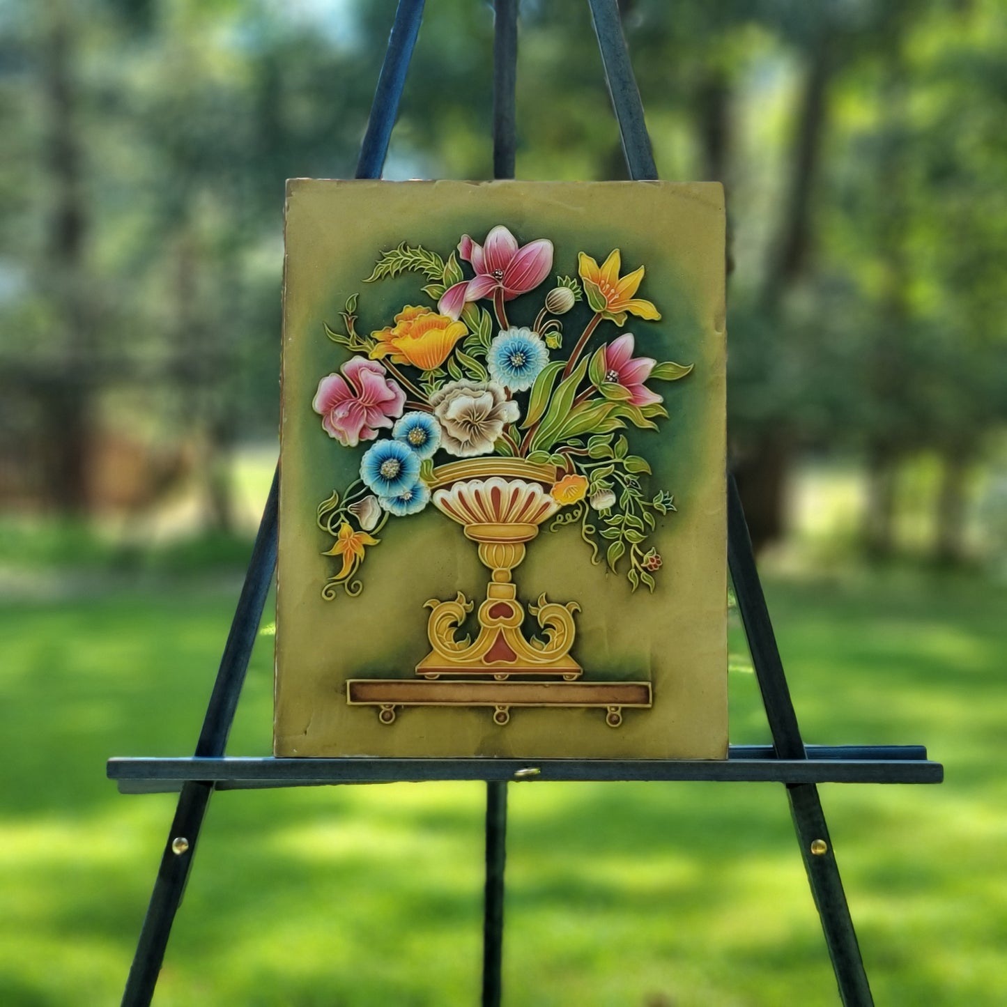 Green with Pink  Flowers Relief Art Frame