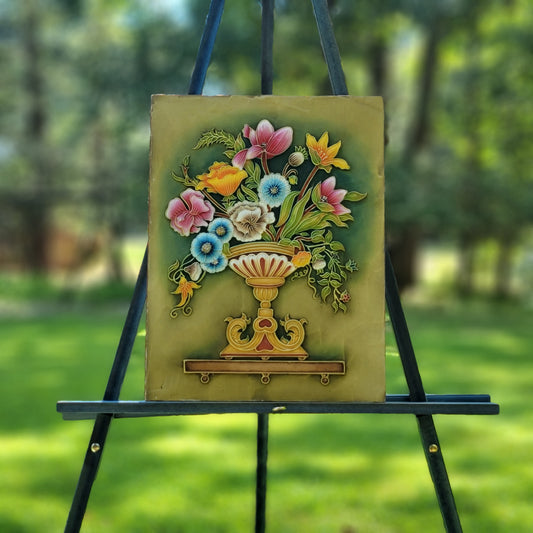 Green with Pink  Flowers Relief Art Frame