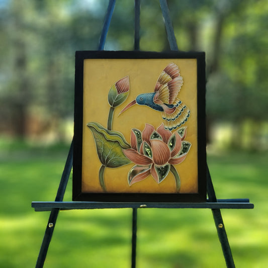 Blue Hummingbird with Mirror Lotus Relief Art Frame