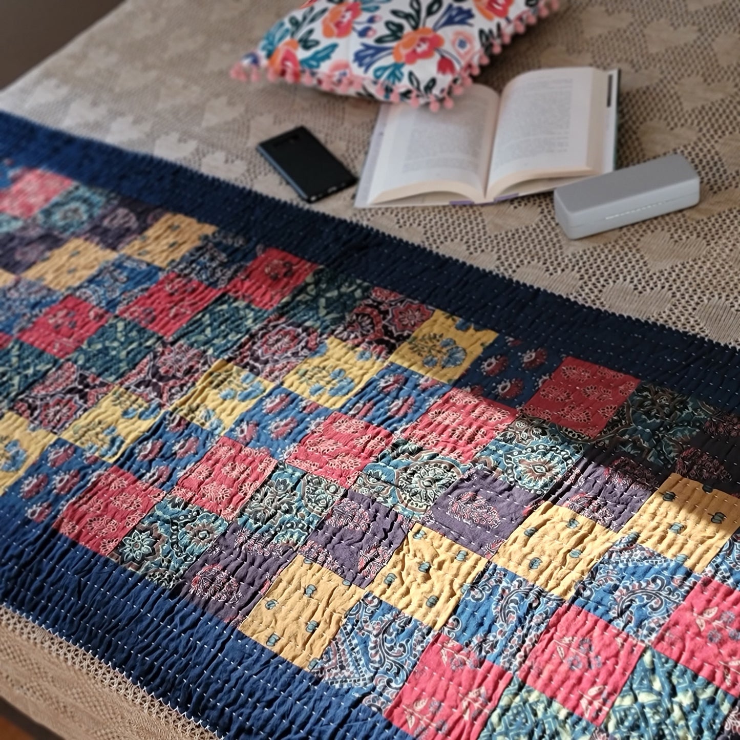 Blue Cotton Ajrakh Kantha Patchwork Quilted