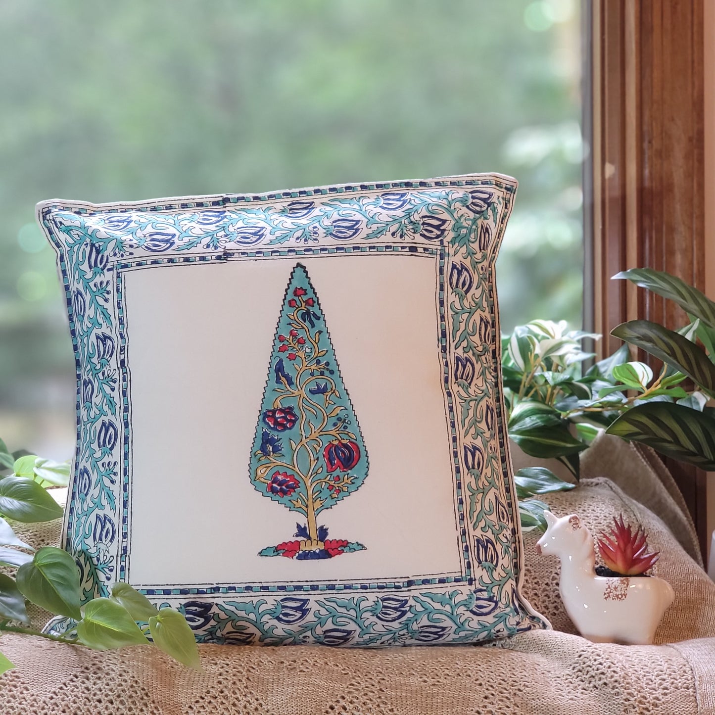 Green Blue Pink Tree Cotton Block Print