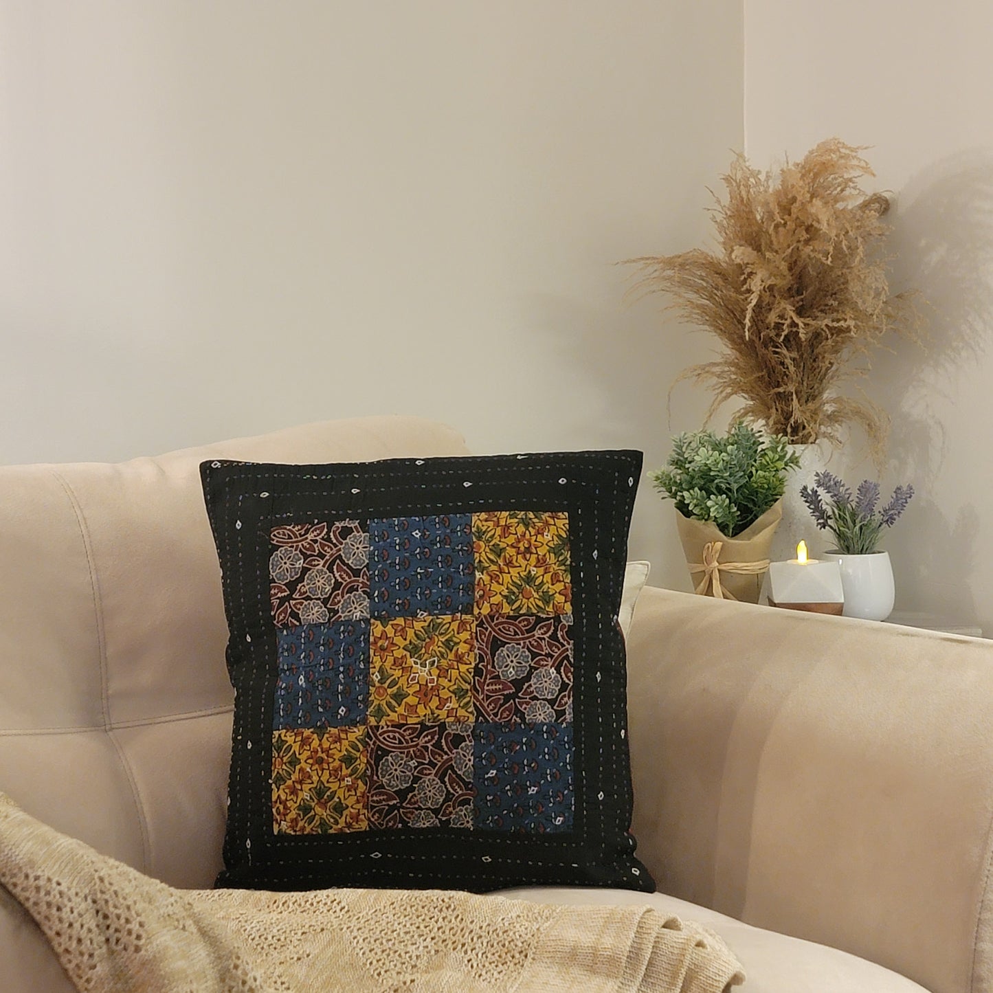 Black Multicolor Cotton Ajrakh Kantha Patchwork