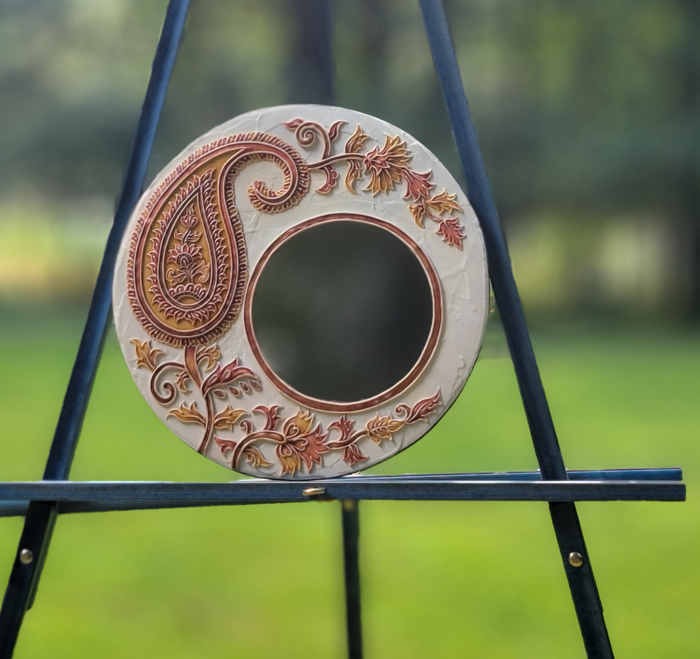 Round White with Ocher and Orange Paisley