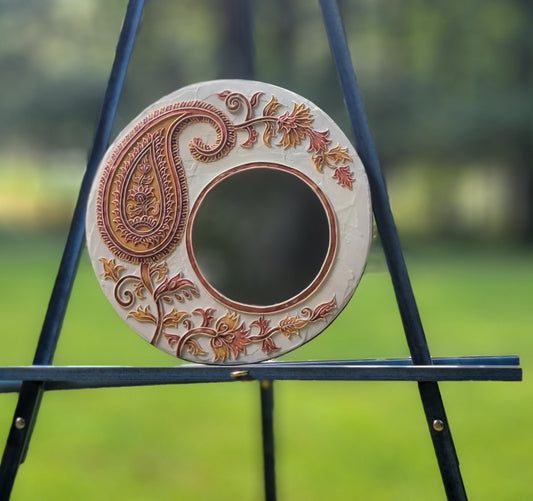 Round White with Ocher and Orange Paisley