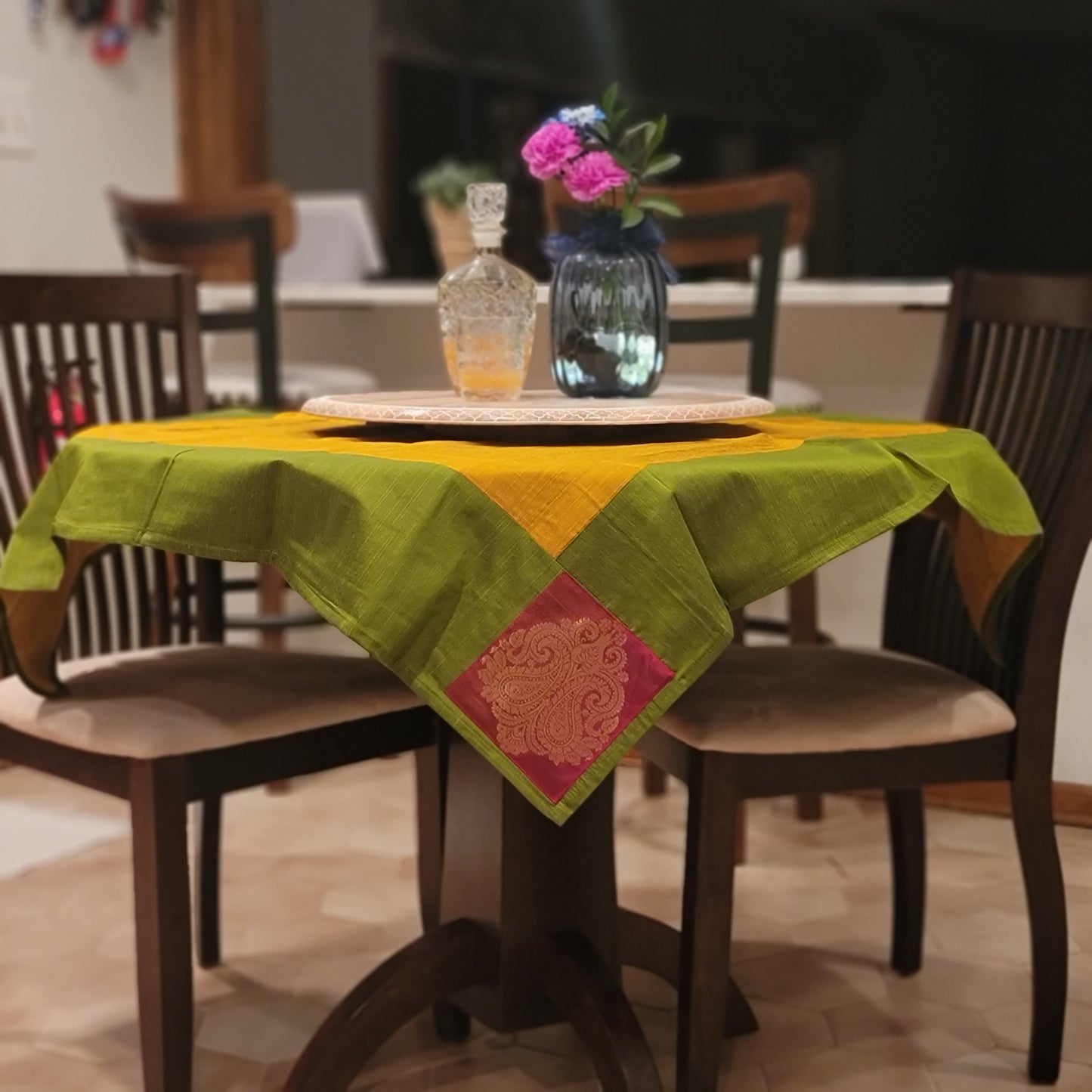 Slub Silk Mustard Yellow with Olive Green Border & Red Brocade Patch