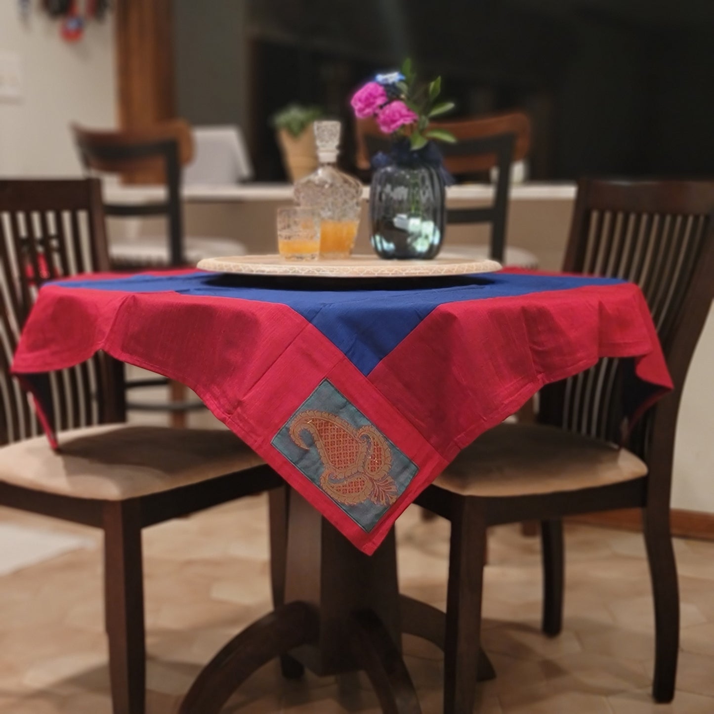 Slub Silk Blue with Red Border & Green Brocade Patch