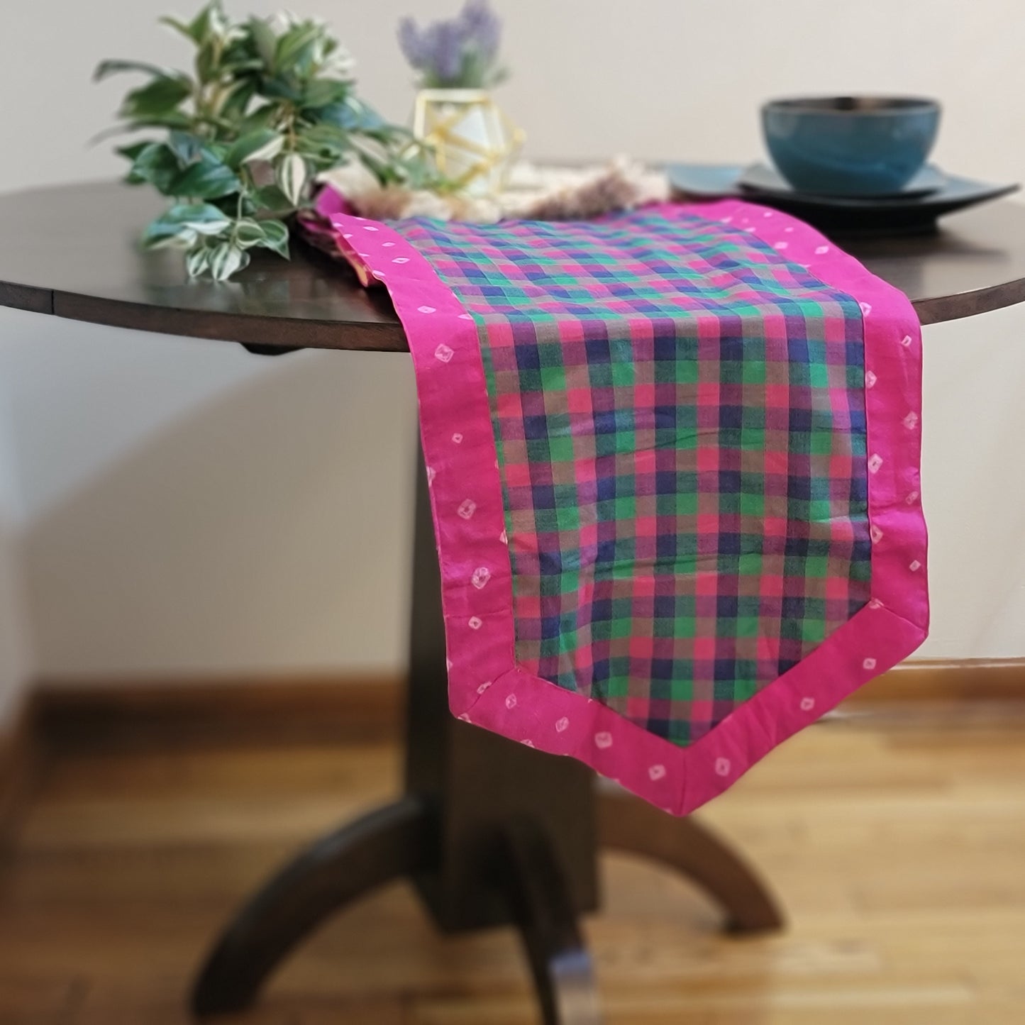 Pink Green Checkered with Pink Bandhani Border