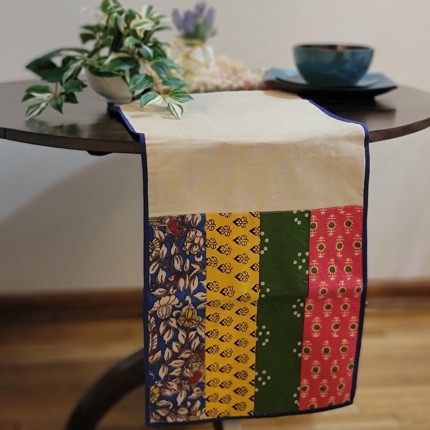 Cream Multicolor Patchwork with Blue Piping