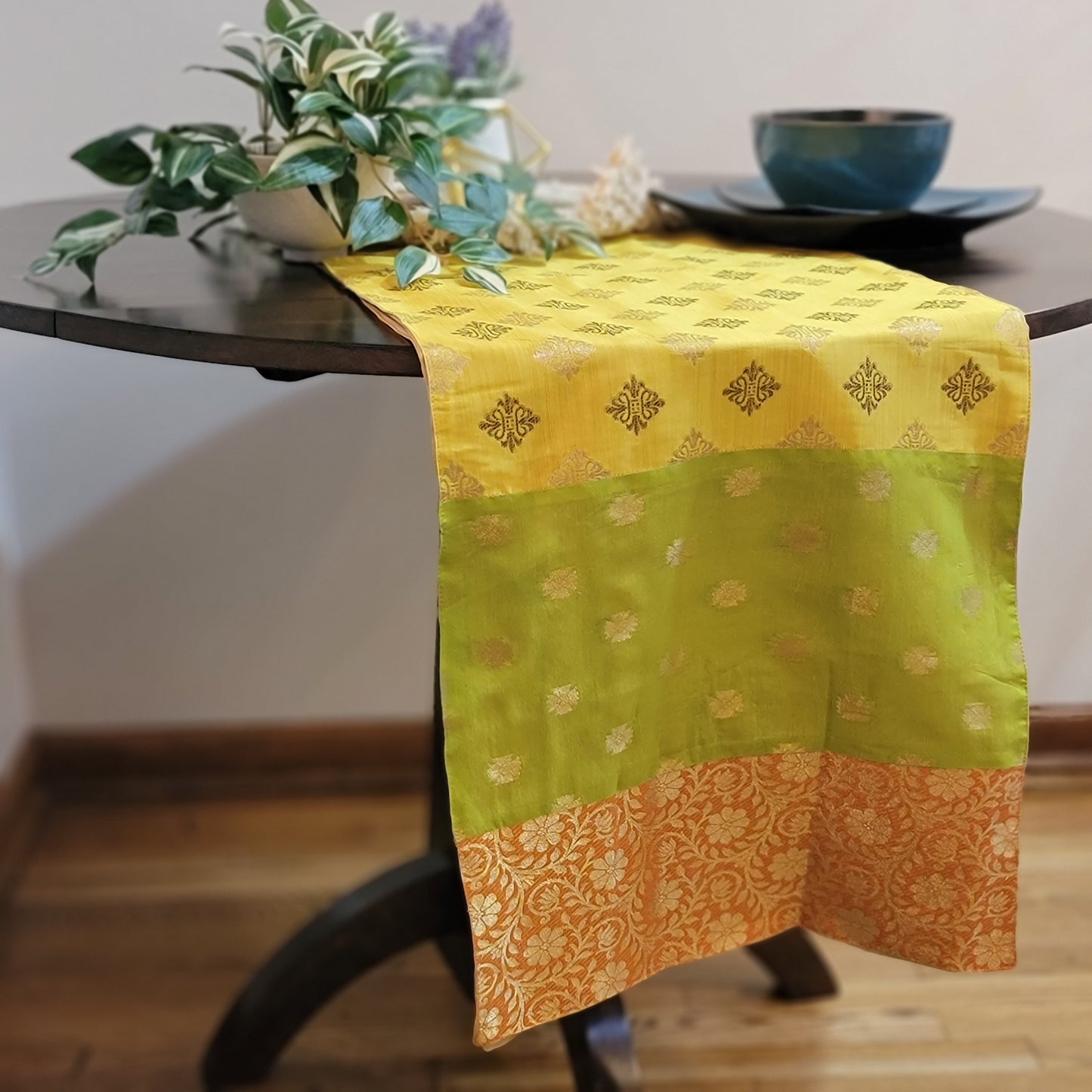 Lemon Yellow Parrot Green with Gold Butta & Orange Brocade Patch