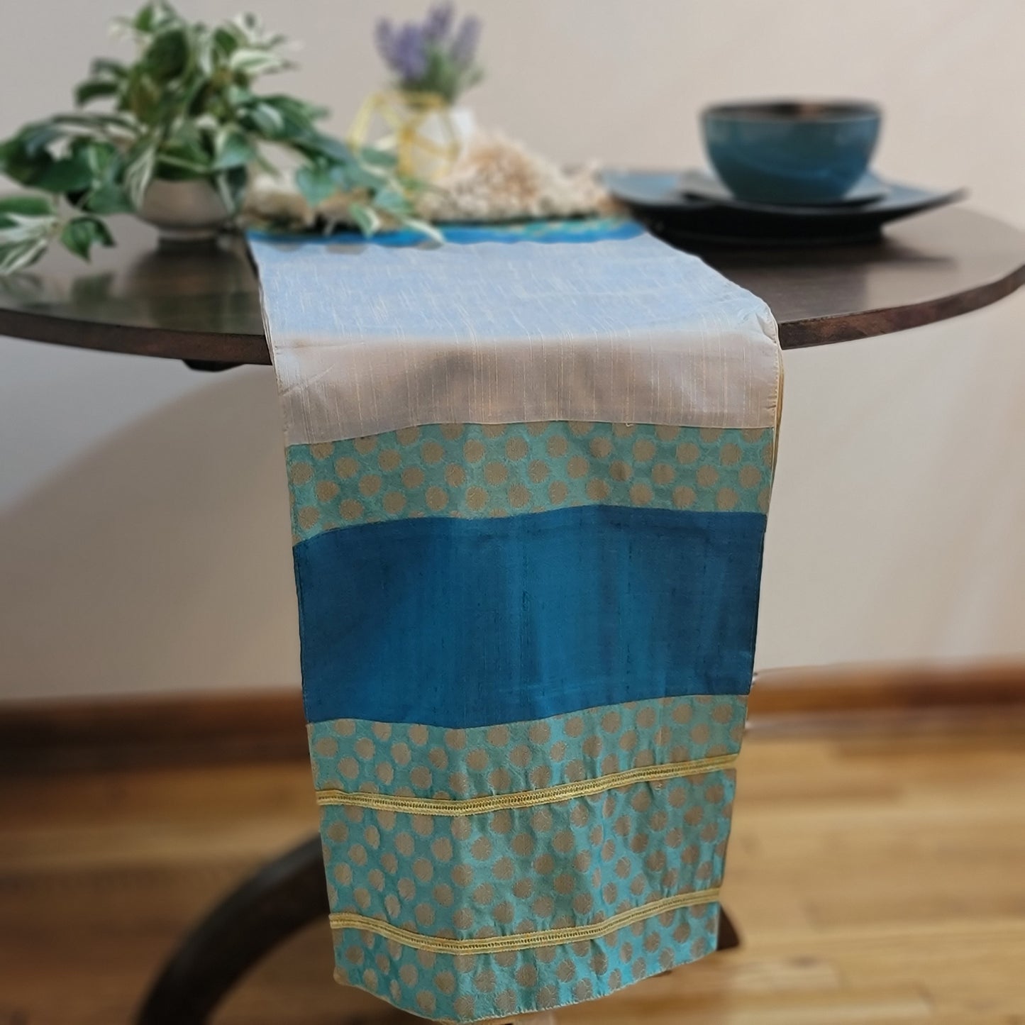Light Grey Peacock Blue Brocade Border
