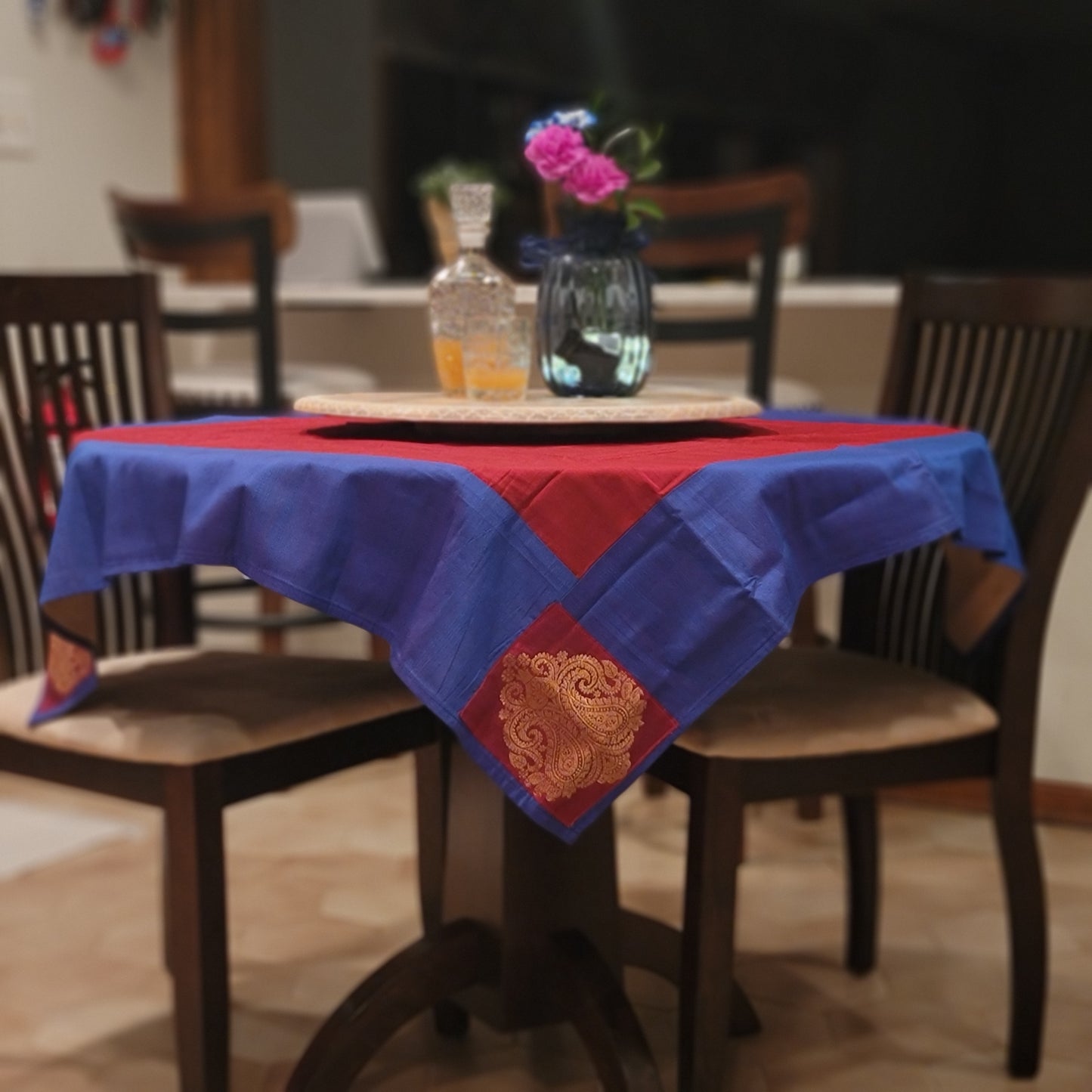 Slub Silk Red with Blue Border & Red Brocade Patch