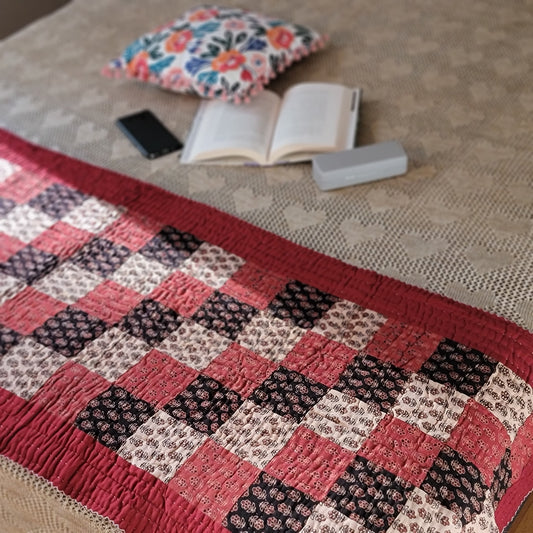 Red Cotton Ajrakh Kantha Patchwork Quilted