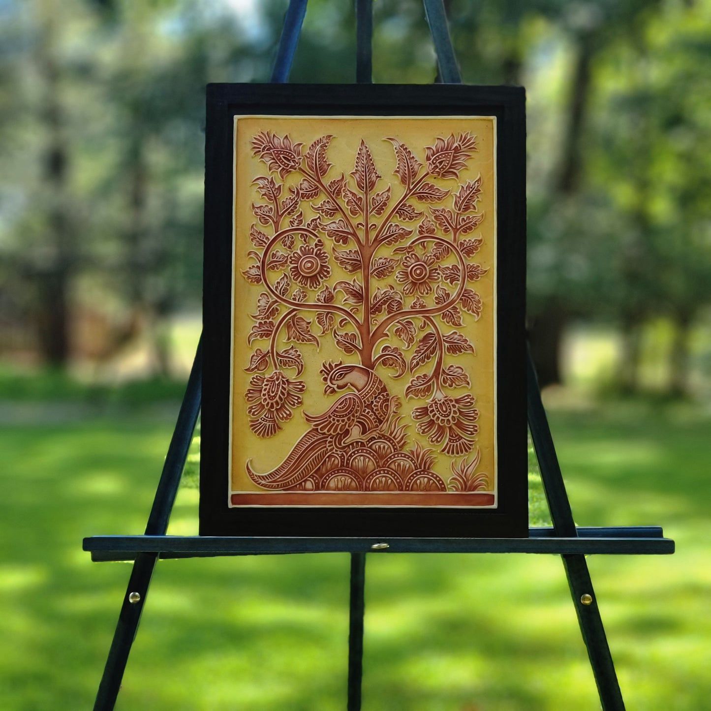 Red Peacock and Tree Relief Art Frame